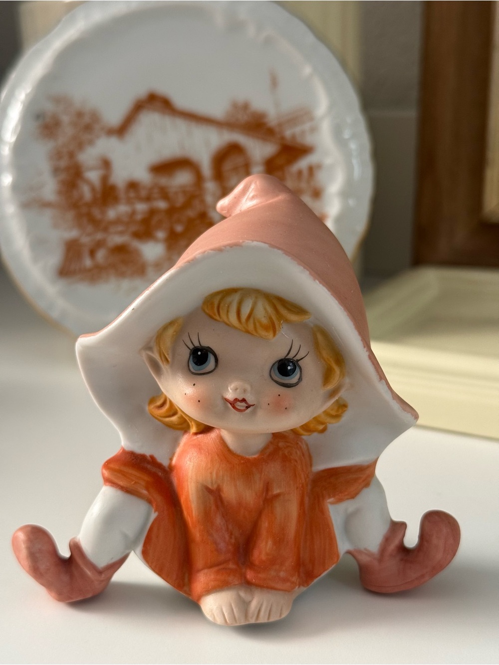 Vintage Peach and White Porcelain Girl Figurine